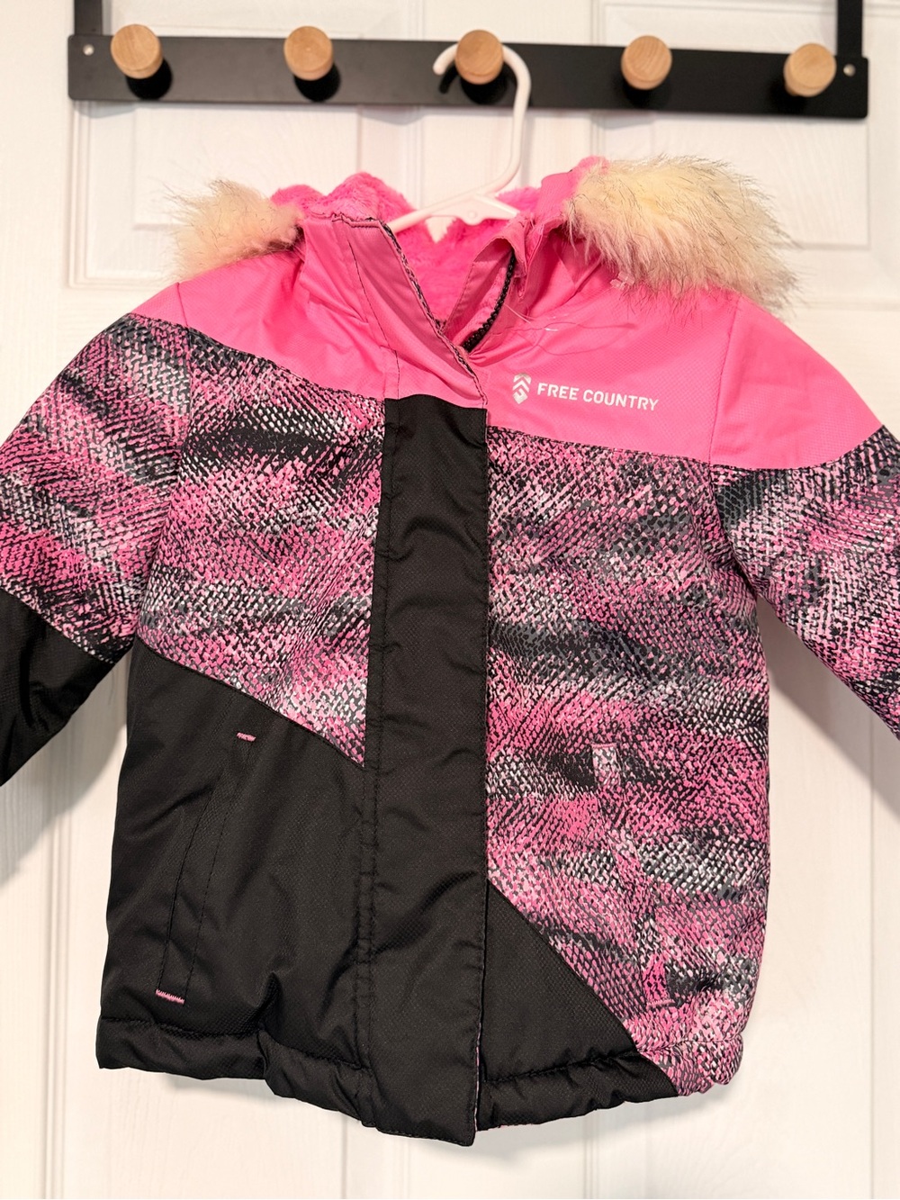 Free Country Pink and Black Girls' Puffer Jacket with Faux Fur Hood